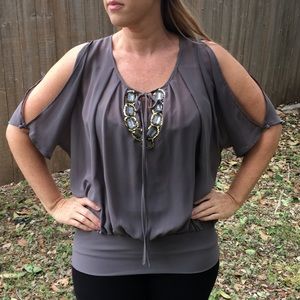 Cache Gray Dressy Embellished Blouse Medium